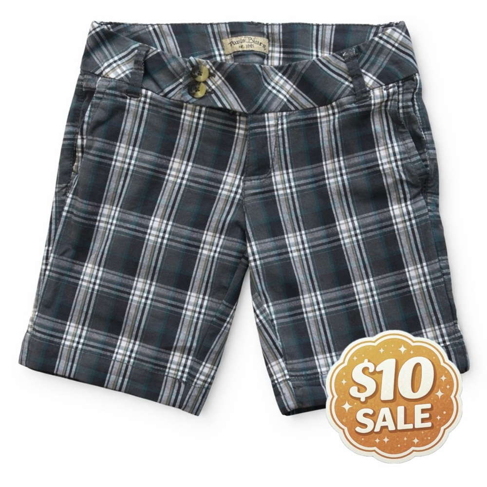 Y2K Faded Blues Plaid Shorts Womens Size 7 Green Gray Cotton